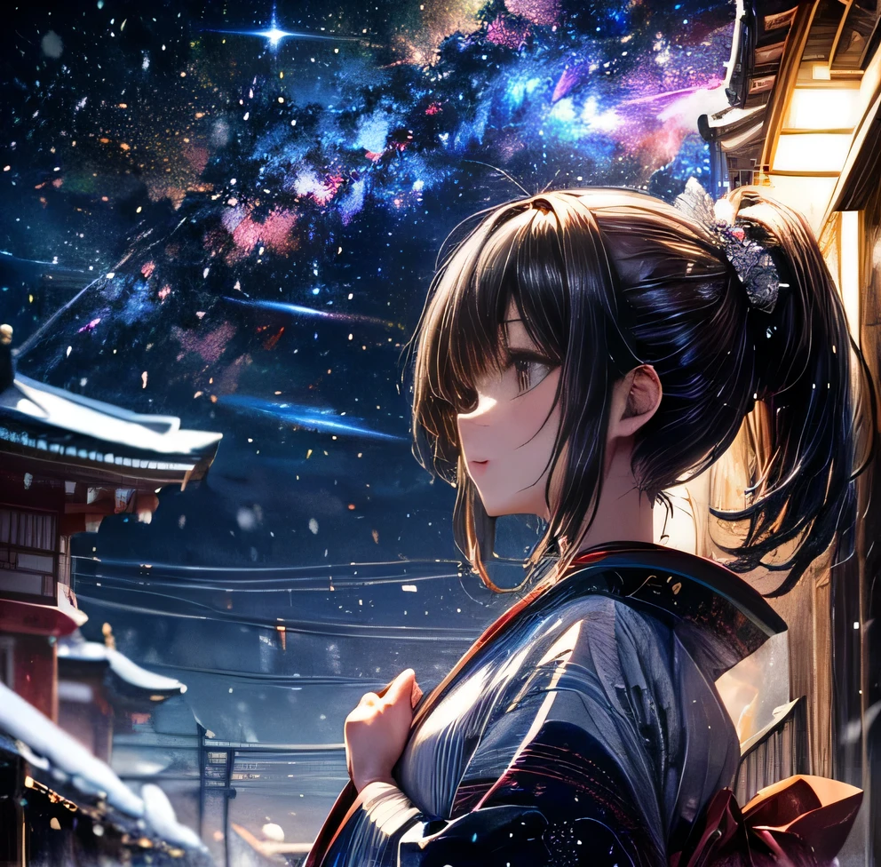 Milky Way Galaxy　ponytail　Black Hair　Bangs Patsun　High-end kimono　Snow Scene　shrine
