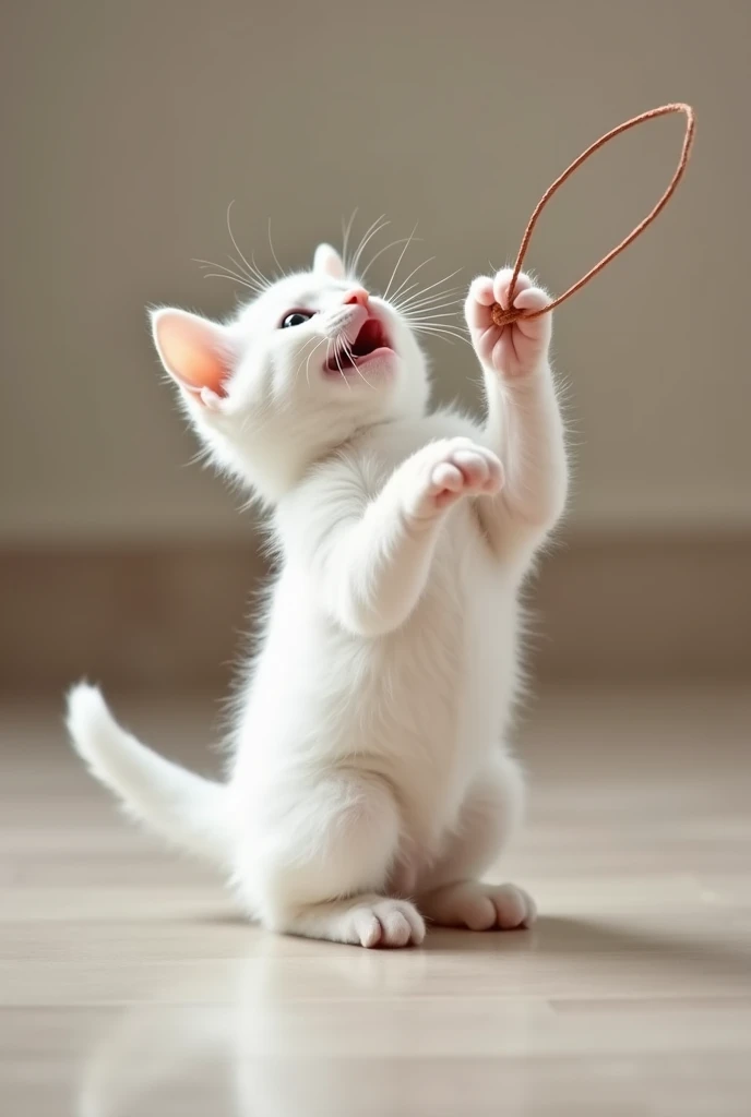a white baby kitten chasing a string with it's paws in the air