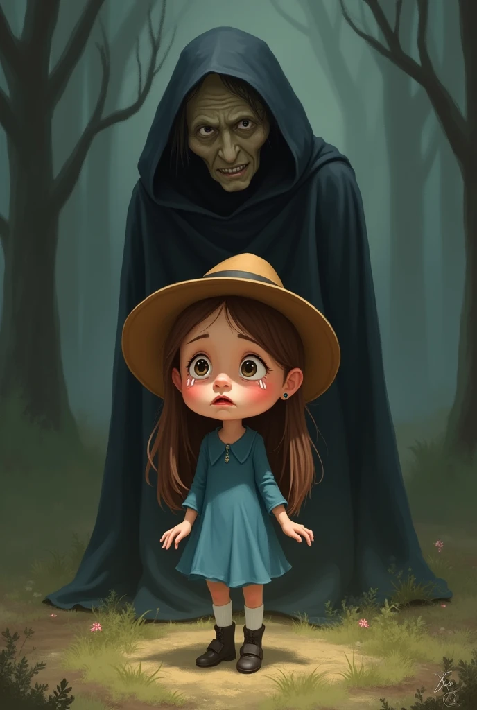 the girl cartoon with long brown hair, round brown hat and blue dress shirt is crying and became small. There is also witch at her back 