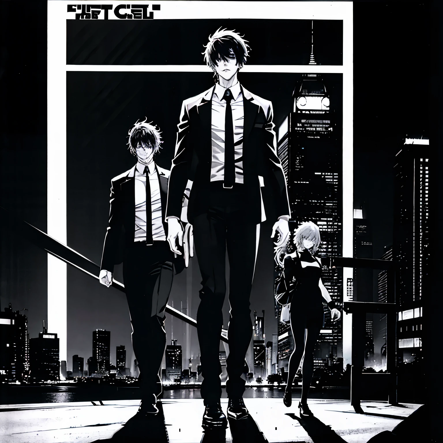 Anime characters in the city with cityscape in the background, psycho-pass, modern cyberpunk anime, Chiaroscuro anime Key visual, nasty anime, anime movie style red line, Black Lagoon manga, Black Lagoon, rei hiroe Black Lagoon manga, Guilty Crown, The Catechio Killer is Reborn, advertising art, key visual of anime», neo noir style