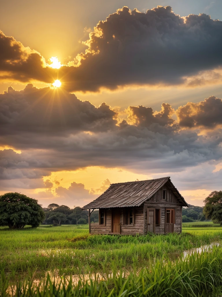 Hyper-realistic,enhanced detail of a realistic dilapidated wooden shabby hut,a rusty zinc,overgrown with wildflowers,wild grass and bushes,background large tree branches rot,paddy field,buffalo,flying the swallow bird,limestone hill .sunset scene, sun behind cloudy clouds, natural lighting,