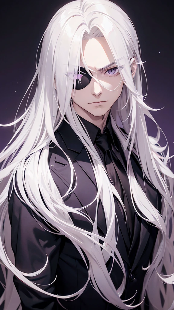 Anime style image of a man with long blonde hair wearing a black suit and white shirt, purple eye, a character portrait inspired by Yamagata Hiro, pixiv, what is?, delicate androgynous prince, guapo drow, beautiful androgynous prince, Johan Liebert mixed with Alucard, handsome boy with eye patch, handsome anime man