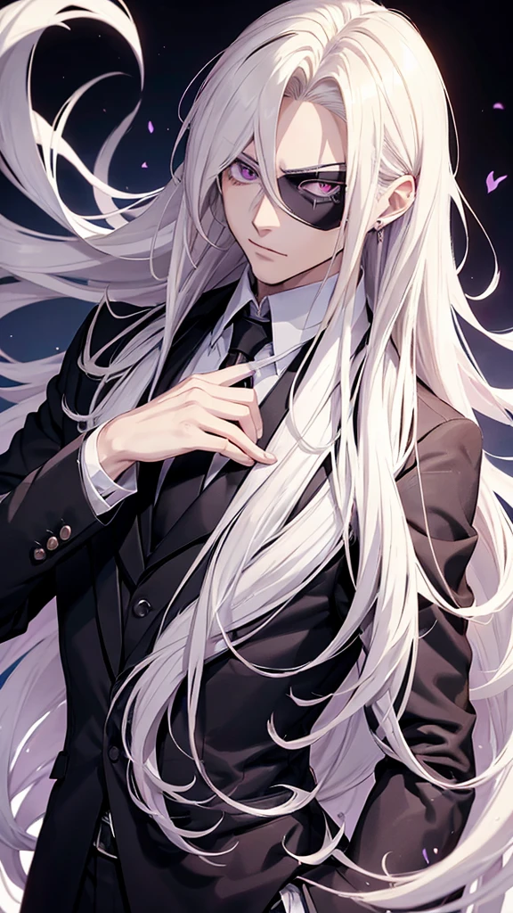Anime style image of a man with long blonde hair wearing a black suit and white shirt, purple eye, a character portrait inspired by Yamagata Hiro, pixiv, what is?, delicate androgynous prince, guapo drow, beautiful androgynous prince, Johan Liebert mixed with Alucard, handsome boy with eye patch, handsome anime man