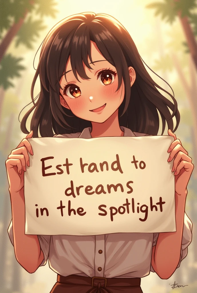 A beautiful and cute woman holding up a sign "Woman dreaming of being in the spotlight", Joyful, Happy, Anime illustration, Realistic, oil