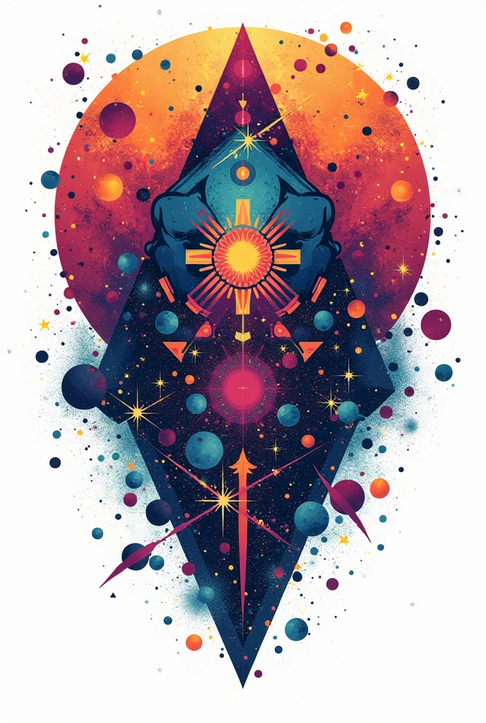 Complex and bizarre geometric patterns with a cosmic feel, t-shirt design, science fantasy, illustration style, white background, best quality image