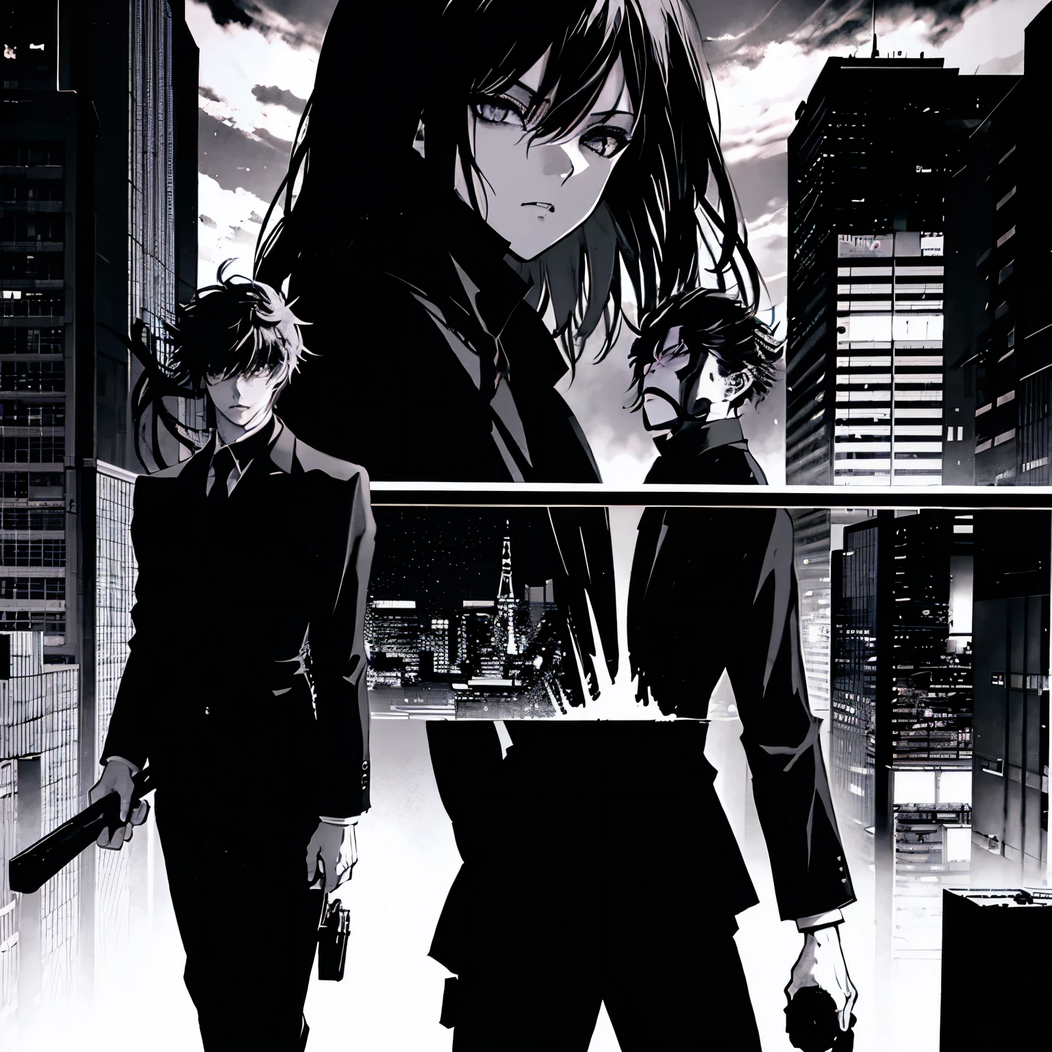 a man with a suitcase is walking down the street, neo black style, he is crossing the shadow city, beaten city. neo black style, neo noir style, battered technology. neo black style, в нео Tokyo, Chiaroscuro anime Key visual, crossing the shadow city, neo black, Tokyo, Anime scene