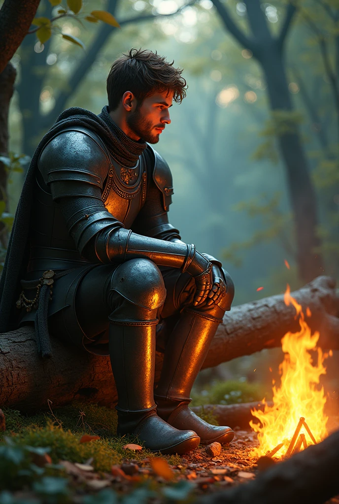Young Medieval Knight, sitting on the tree trunk in the forest facing the fire. He has brown hair, barba