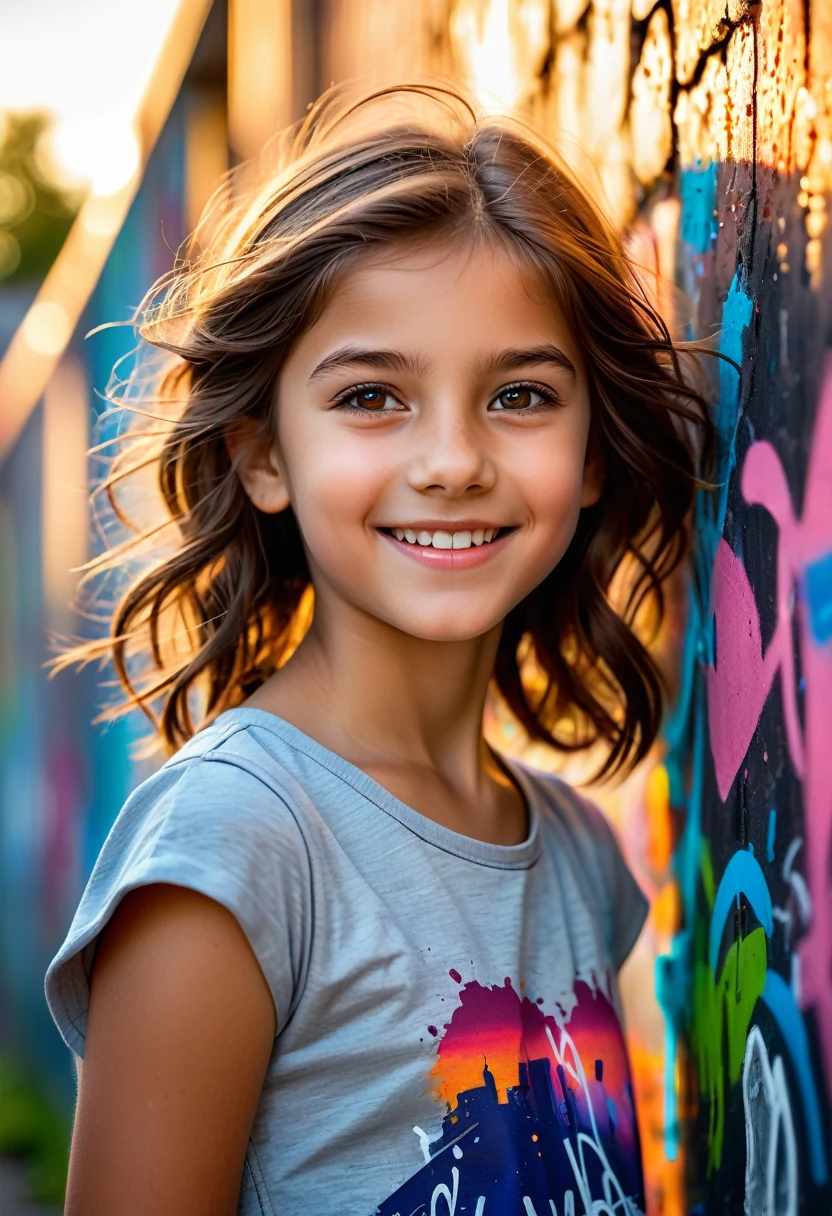 Cute girl around , playful expression, sly smile, brown hair, dynamic angle, looking at viewer, sunset, wall with messy graffiti behind, (cute, lovely, attractive: 1.2), (surreal and realistic details: 1.37), (best quality, 4k, 8k, high resolution, masterpiece: 1.2), highly detailed, (vivid colors, bokeh), masterpiece, best quality, ultra hd photo,