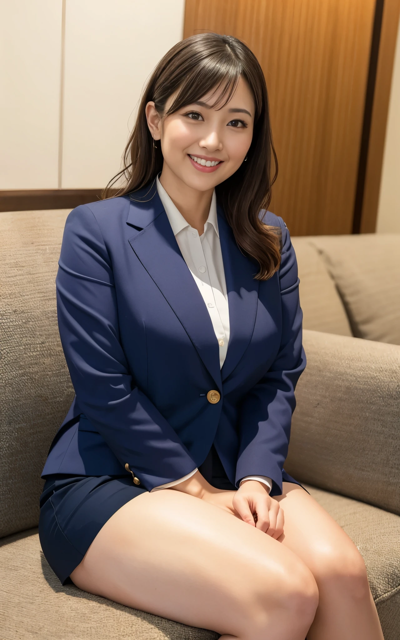 ((Brown Skin, Mature)), (Japan business lady, in navy blue business uniform:1.3, mini skirt), whole body:1.3, chubby shape:0.1, hightquality, ultra high resolution, (Photorealsitic:1.4), Japanese, (Beautiful:1.1), (One Woman:1.5), (45 year old:1.3), (photorealistic photos:1.2), in 8K, (solo, one person:1.5), A smile, Behind the photo, Bangs straight, A big smile, wavy hair, Thick thighs,Sitting, Urban area,