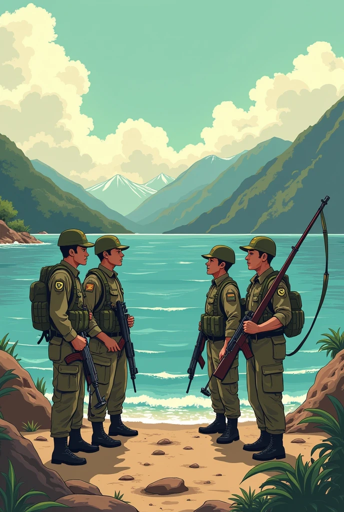 Make me an easy drawing of the "Pacific War" in the style of the "serie gravity falls" that deals more with the countries of "boivia", "Peru and Chile" Make a guerrilla from the country of Bolivia ,from Peru and Chile that the 3 soldiers are facing each other and that they look at each other with a weapon and uniform that fights in the war of the Pacific for the fight of the sea adds a landscape like the sea and cambate and mountains and carrying weapons and also as a background something catastrophic with bodies on the floor and lifeless and adds details like the flag of Bolivia and the flag of Chile and the flag of Peru waving in the wind but that has the drawing style of the "serie gravity falls" yes osi in the style of this series