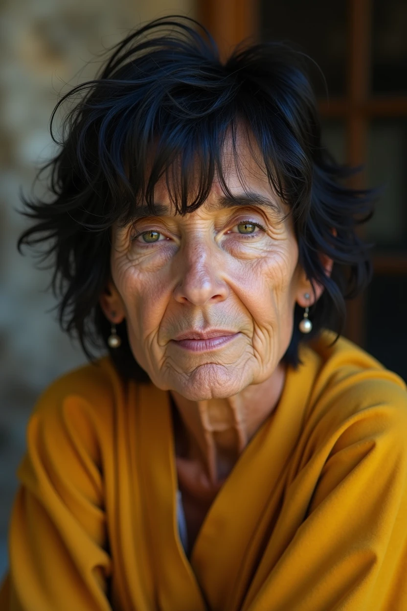 (high resolution:1.3), (8k, photorrealistic, CRU photo, best qualityer: 1.4), brazileiro, suffering face, (lifelike face), (Bblack hair, shorth hair:1.3), messy hairstyle, realisticeyes, detailedeyes, (realisic skin), Elderly skin, ultra high resolution, ultra realistic, highy detailed, golden ratio, plein-air, windy, from low, mustard yellow wrap top