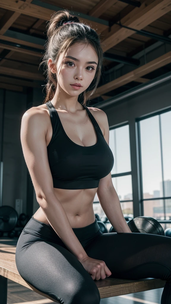 Create a scene with an 18 year old girl in a gym setting. She has a confident and sensual posture., wearing stylish workout clothes that highlight your toned, fit body. Her outfit includes a fitted sports bra and leggings that accentuate her curves.. She is positioned near a set of gym equipment., perhaps leaning on a bar or sitting on a bench, with a playful expression, mas determinada. The background of the gym must be modern, well lit and equipped with high quality machines and weights. Emphasize your strong, athletic body, maintaining a sense of elegance and charm. The general atmosphere should be vibrant and energetic, capturing the essence of a dedicated fitness enthusiast.