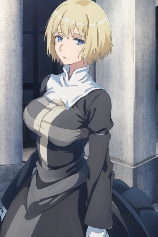 Solo, 1girl, orsolaAquinas, short hair, blue eyes, blond hair, long sleeves, black dress, long skirt, medium breasts, white gloves, nun, habit