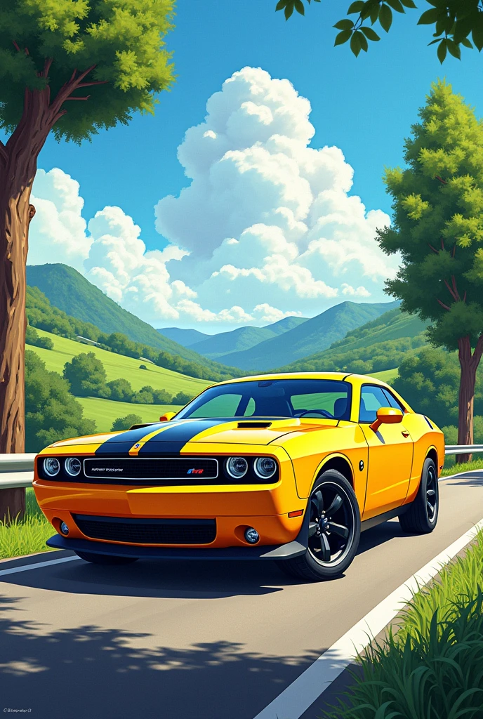 A birthday panel A yellow Camaro car, in a landscape Write Thomas In drawing, horizontal Lying image