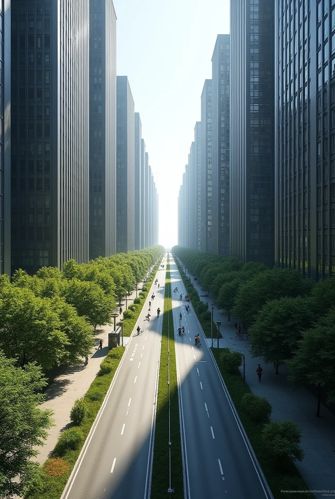 Perspective image from the sky of an avenue surrounded by 28-story buildings. The avenue has a cycle path, 2-meter-long green areas with a 2-meter sidewalk for walking.
