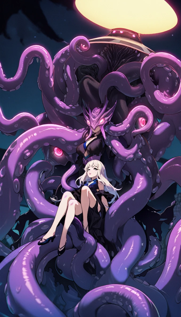 (scifi, horror)"(best quality,4k,highres),
A lovely woman (25, athletic, busty, golden ratio figure, random race, brightly colored hair, dressed appropriate to the scene),awakened rudely [on the beach] (panic and struggle),
A UFO hovers nearby, an neon gelatinous Eldritch tentacle (very large, octopus like, many large tentacles) alien has the woman,
enthusiastically exploring and enveloping her, moving the woman towards the UFO [otherworldly lights] (damsel abduction),
night time beach,
(strong contrast) between darkness and UFO lights"