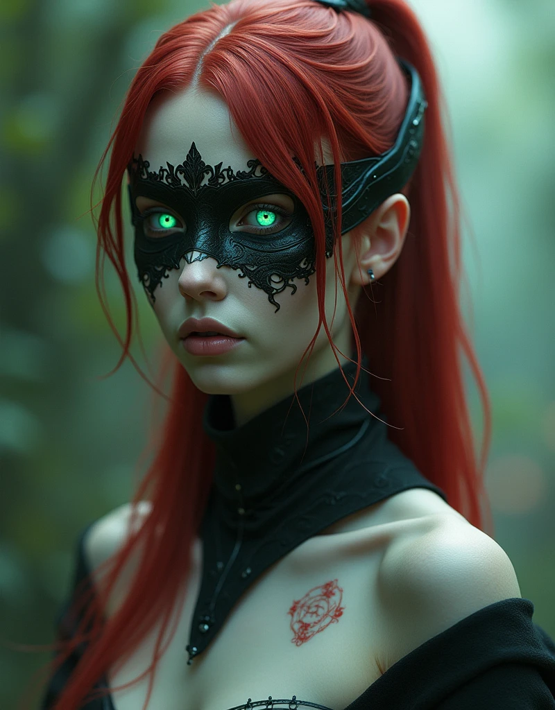 The image features a head-and-shoulders portrait of a character exuding a futuristic and mystical aura. The character has pale skin that contrasts strikingly with their long, vibrant red hair, meticulously tied back to reveal the contours of their face and neck. Their most captivating feature is the glowing green eyes, which are luminous and draw the viewer's gaze, suggesting a depth of emotion and otherworldly intelligence. The upper body is left undressed, adding a touch of sensuality, while the intricate details of the character's attire are highlighted, particularly the elaborately designed mask. The mask partially obscures their face, adorned with dark black ink symbols and patterns that hint at a rich backstory and deeper lore associated with the character. The background is softly blurred, allowing the character to stand out as the focal point, with subtle hints of ethereal colors that enhance the mystical vibe. The lighting is soft yet dramatic, casting gentle shadows that accentuate the character's features and the texture of the mask. Keywords: photorealistic, digital artwork, portrait, mystical aura, glowing eyes, intricate details, elaborate mask, sensuality, vibrant colors, soft lighting, ethereal background, depth of field, dramatic shadows, character design, lore elements.