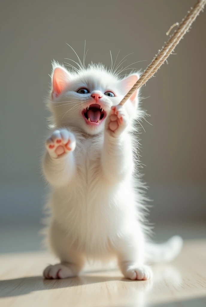 a white baby kitten chasing a long string with it's paws in the air, photorealistic, 8k wallpaper