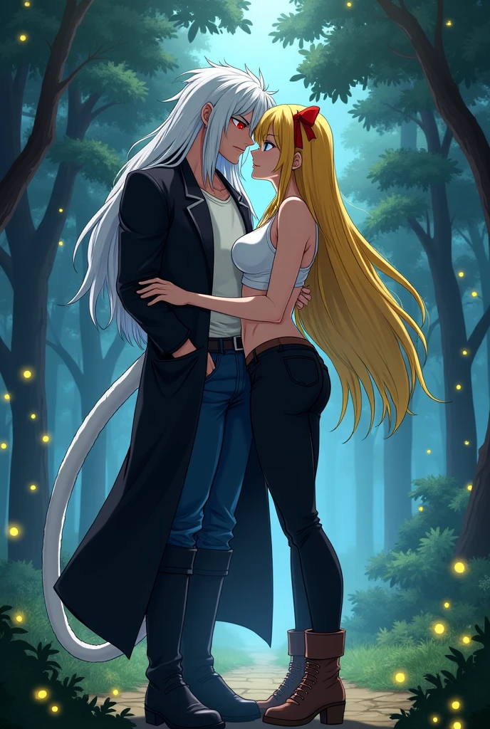 man,long straight white hair,Red eyes,semi muscular,White T-shirt,long black jacket,dark blue jean pants,black boots,white monkey tail,next to a woman with a seductive body,long yellow hair tied with a red ribbon,sky blue eyes,white short sleeveless shirt,black pants stuck to his legs,Brown boots kissing passionately in the middle of a night forest lit by fireflies (dragon ball style)