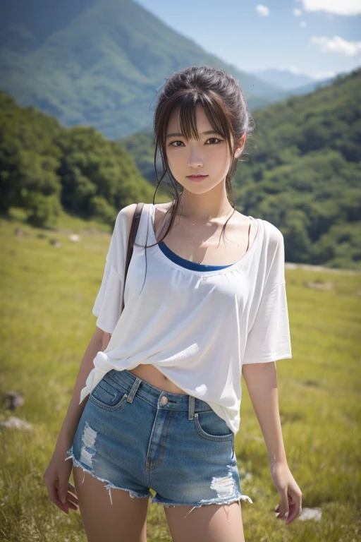 Beautiful woman、Japanese、Standing on the plateau、Shorts、My skin is wet with sweat and shining、Photorealistic、High definition