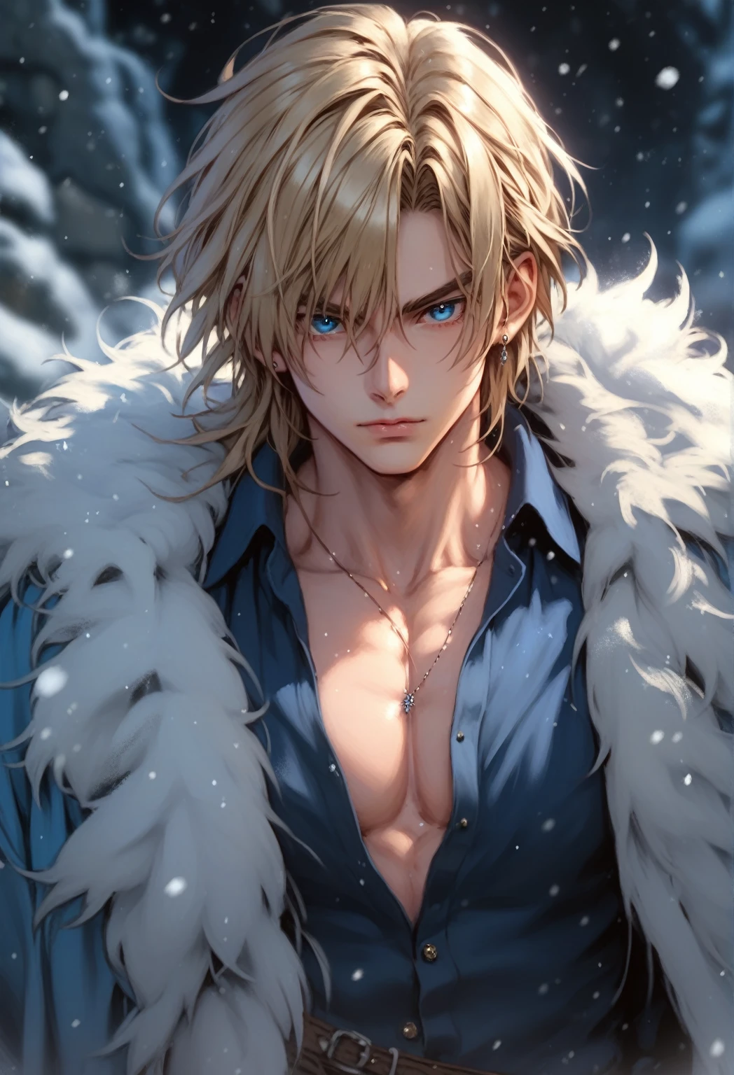 absurdities, High resolution, ultra detailed, HdR, masterpiece, 30 year old adult man, rasgos muy masculines, serious, Extremely detailed face and eyes, semi long straight hair, blond hair, bushy eyebrows, fringe, expressive blue eyes, rasgos masculines, detailed eyes, LOOKING AT THE SPECTATOR, 1 man, viking style clothing, masculine, blue clothes con abrigo de piel, snowy background, White skin, viking necklace, blue clothes, white earrings, tidy hair, Complete plan, beefy chest, magical realism, masculine, men&#39;s clothing, vibrant colors, photorealistic, 8k, Best Quality, High resolution, cinematic lighting, intricate details, snow background.