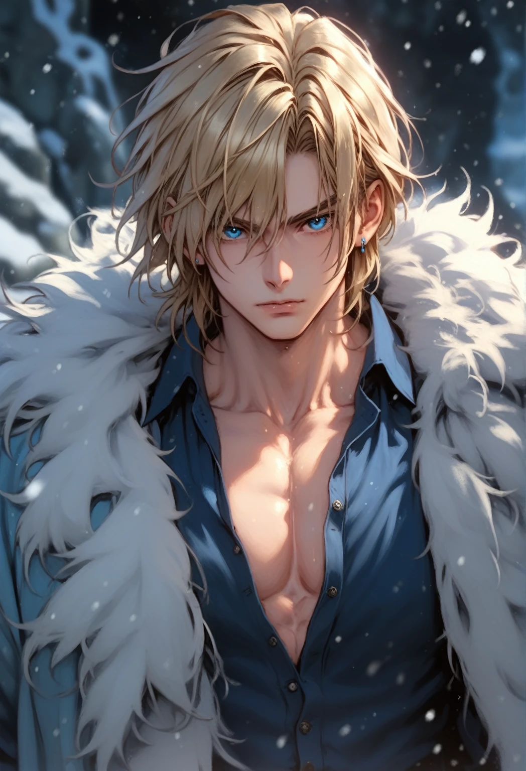 absurdities, High resolution, ultra detailed, HdR, masterpiece, 30 year old adult man, rasgos muy masculines, serious, Extremely detailed face and eyes, semi long straight hair, blond hair, bushy eyebrows, fringe, expressive blue eyes, rasgos masculines, detailed eyes, LOOKING AT THE SPECTATOR, 1 man, viking style clothing, masculine, blue clothes con abrigo de piel, snowy background, White skin, viking necklace, blue clothes, white earrings, tidy hair, Complete plan, beefy chest, magical realism, masculine, men's clothing, vibrant colors, photorealistic, 8k, Best Quality, High resolution, cinematic lighting, intricate details, snow background.