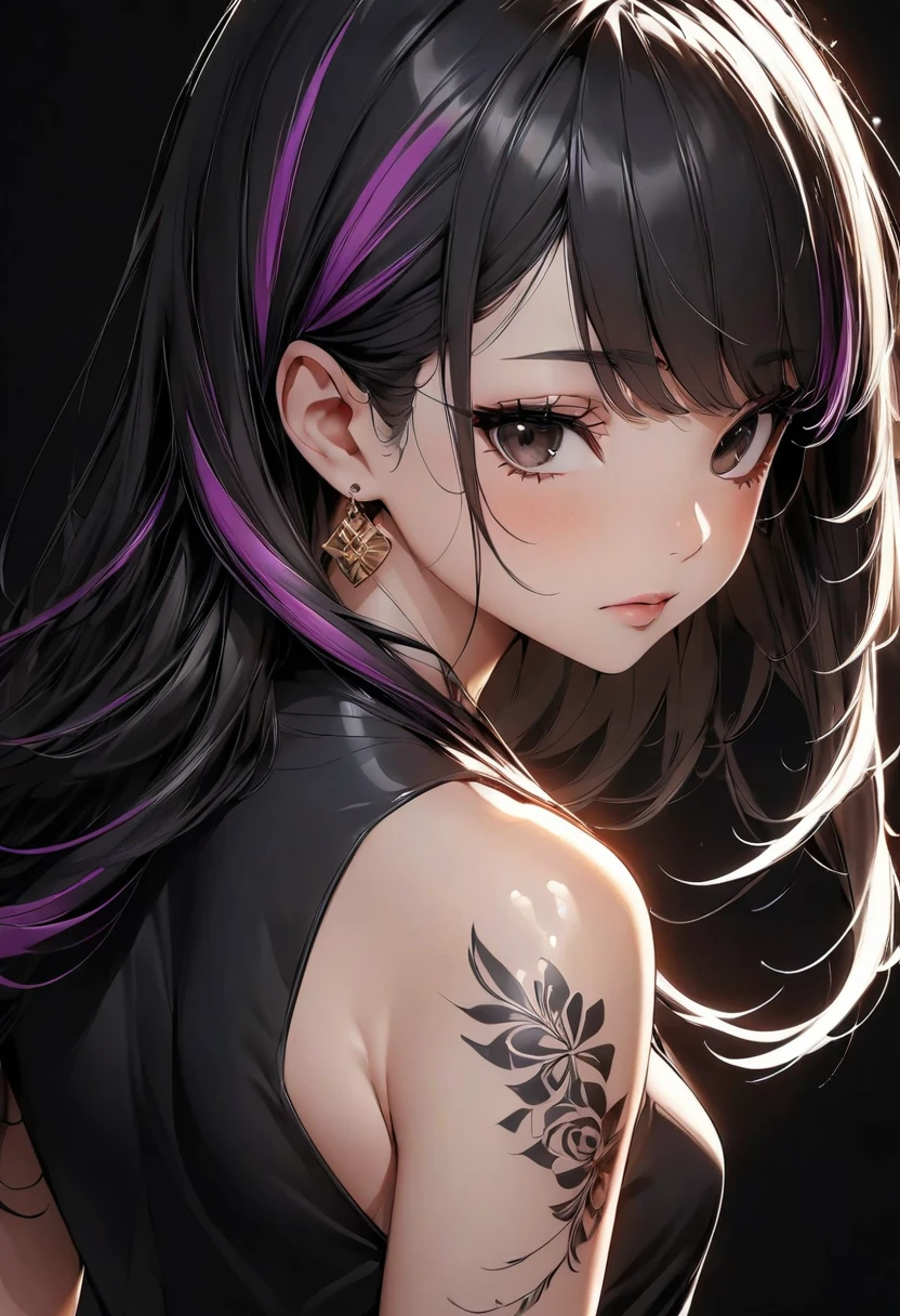 (highest quality:1.2, Very detailed, up to date, Vibrant, Ultra-high resolution, High Contrast, masterpiece:1.2, highest quality, Best aesthetics), Portraiture、girl、((25-years-old:1)), long hair、black and purple ((streaked hair:1.6)), highlights hair: 1.5, brown eyes, gold earrings, ((slim body:1.4)), (small breast:0.7), (dark skin:0.7)), black Cheongsam, Beautiful fine details、Bright colors、Beautiful lip detail, standing, (Floral Fineline tattoo design on left arm:1), ((Plain black background:1.6)), lineart, ((monochrome:1.7)), (cowboy shot), clean line drawings,