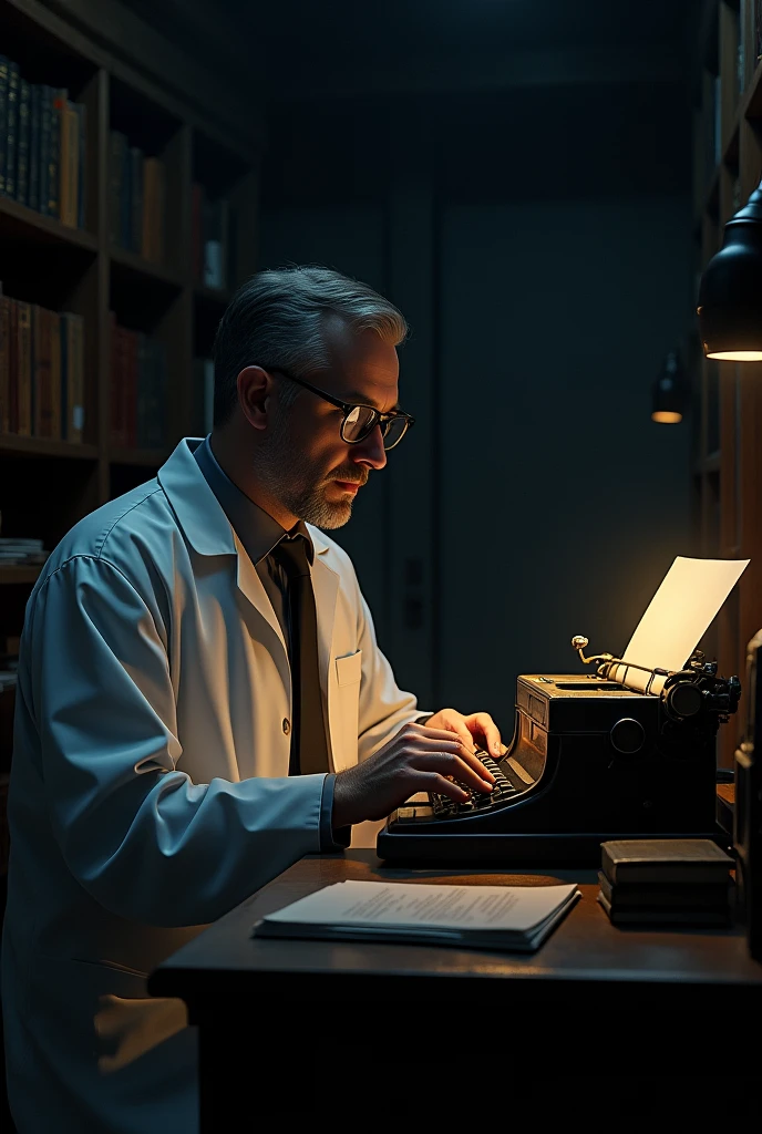 Image of a doctor writing a letter on a typewriter in a very dark room