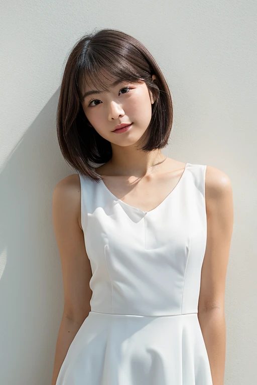 lens: 135mm f1.8,(Highest quality), (Beautiful 24 year old Japanese girl), (Moisturized lips), Narrow eyes, double eyelid,Delicate clavicle,Flat Chest,Very short hair,
(Let me me me me'Let me me me'Let me me'Let me'Let's take another look), shame, A faint smile,
(In front of a white wall:1.2), Professional Lighting,
(Japanese 、Transparent blackVNeck Sleeveless Dress Shirt), (Sunburned skin:0.2),Full body photo、Full Body Focus