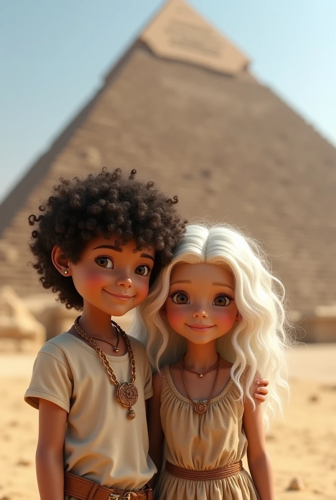 Create a dark-haired boy with medium curly hair and a white girl with wavy hair in front of the Egyptian pyramid Realistic like in real life