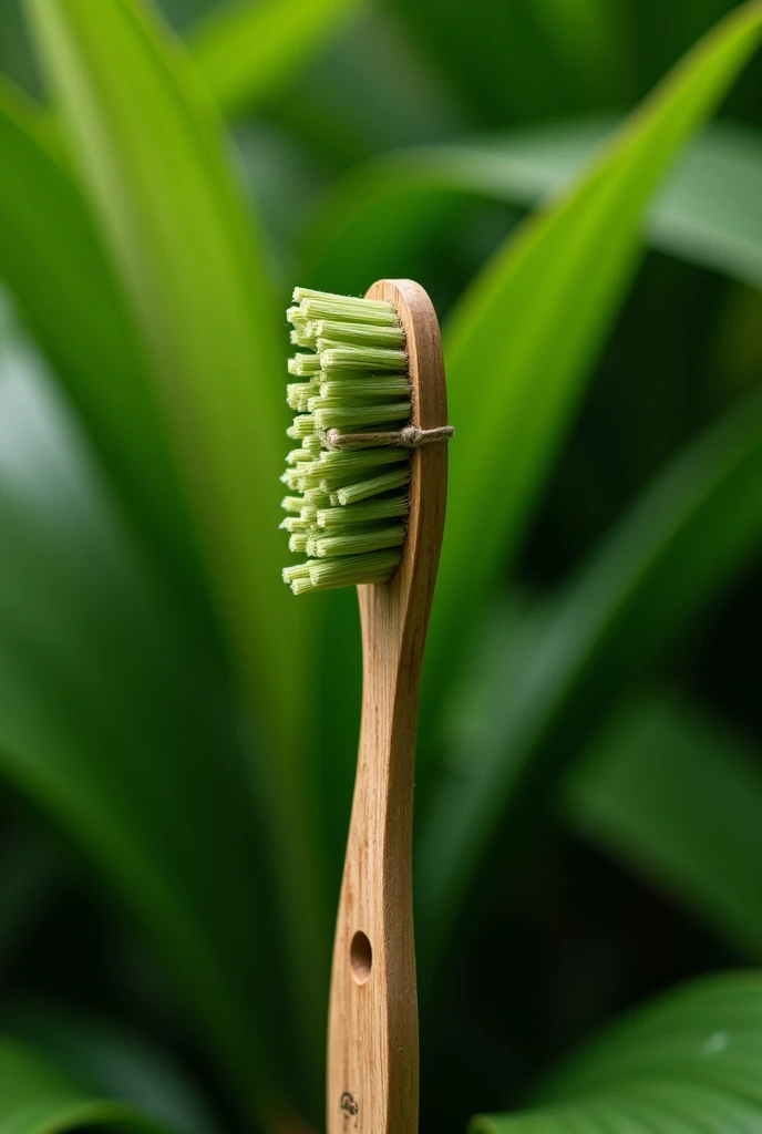 a toothbrush made from wood and leaves tied together with rubber