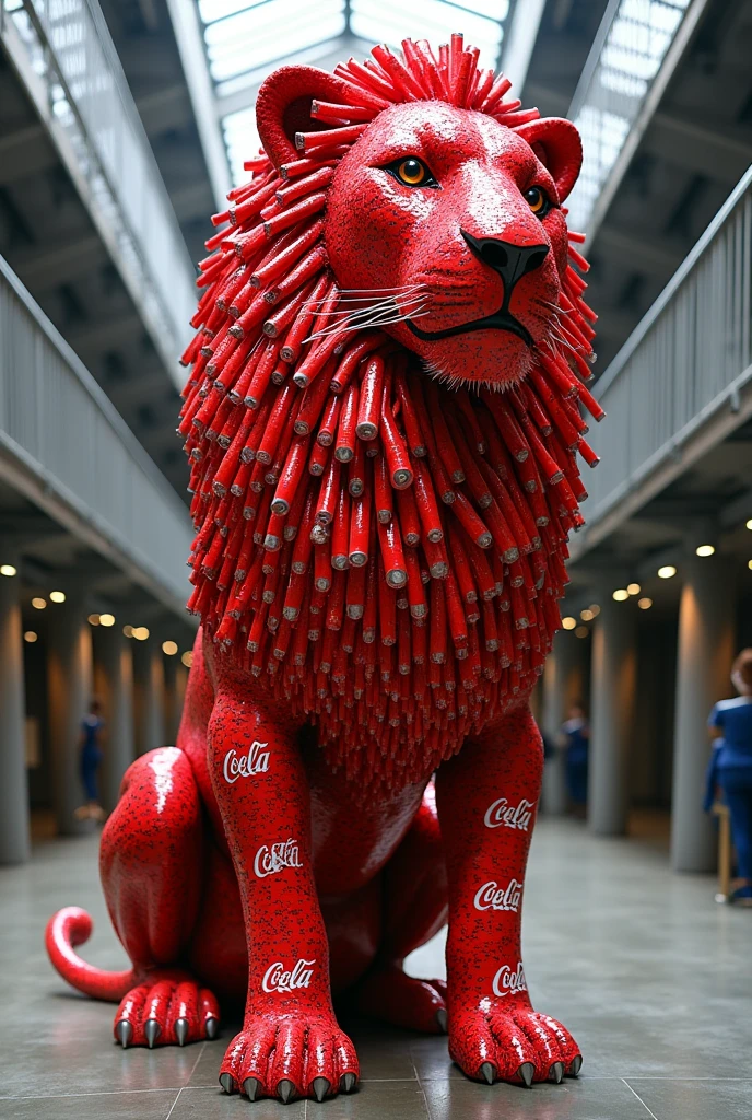 Create a lion out of several Coca Cola bottles 