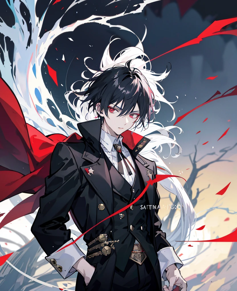 anime style image，Man wearing black suit and red cloak, Handsome guy in the art of slaying demons, Wearing a black noble suit, Inspired by Hiro Yamagata, Exquisite androgynous prince, beautiful androgynous prince, Male anime characters, androgynous vampire, Handsome male vampire, Alucard, author：Yang Jie, steampunk aesthetic,((white hair)),