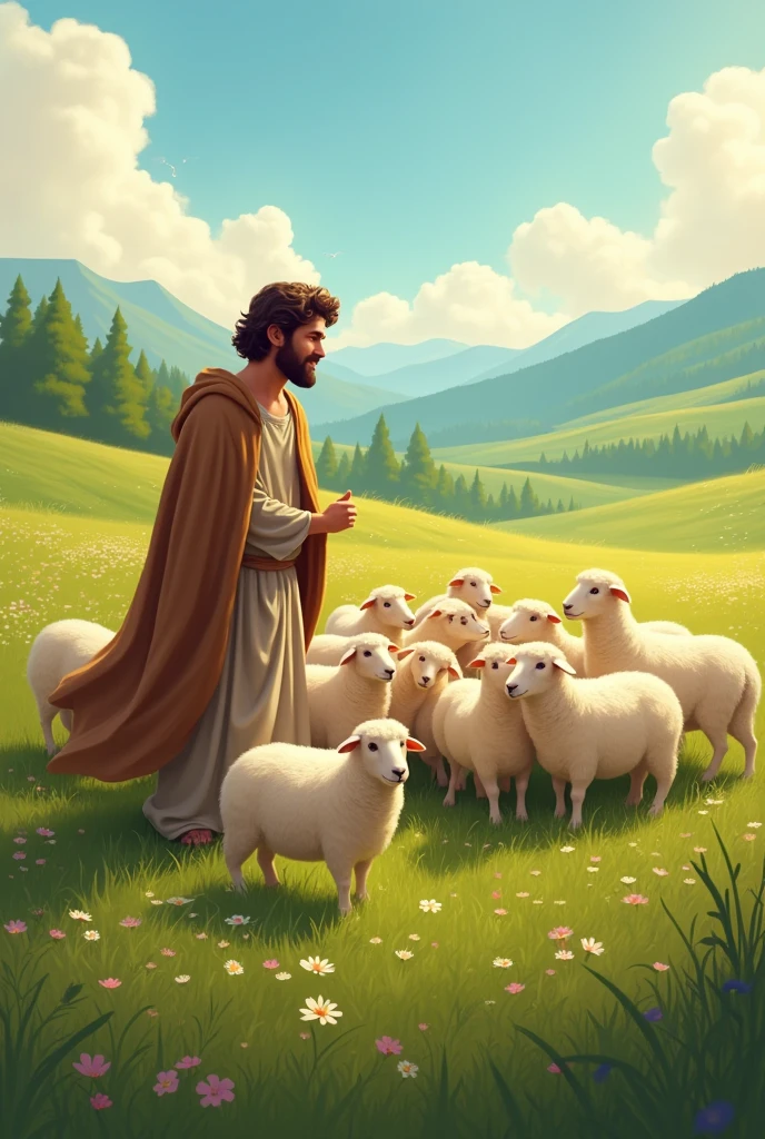 David taking care of the little sheep: An image of David in the green field, surrounded by his cute little sheep.