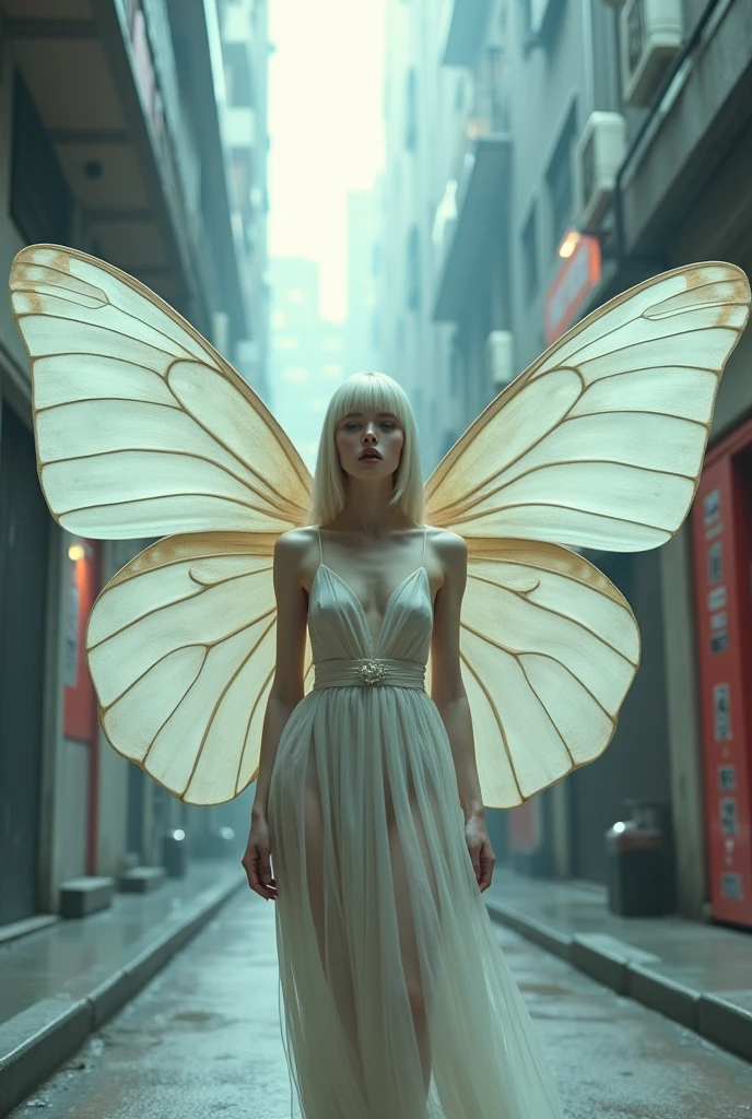 editorial photography,super detailed background,Super realistic,double exposure,depth of field,beauty skinny young angel vibes,soft focus white tone,narrative scene,open lips,Super short straight hairstyle,swallowtail butterfly huge wings,from directly below,Futuristic decadent cyberpunk urban alley,