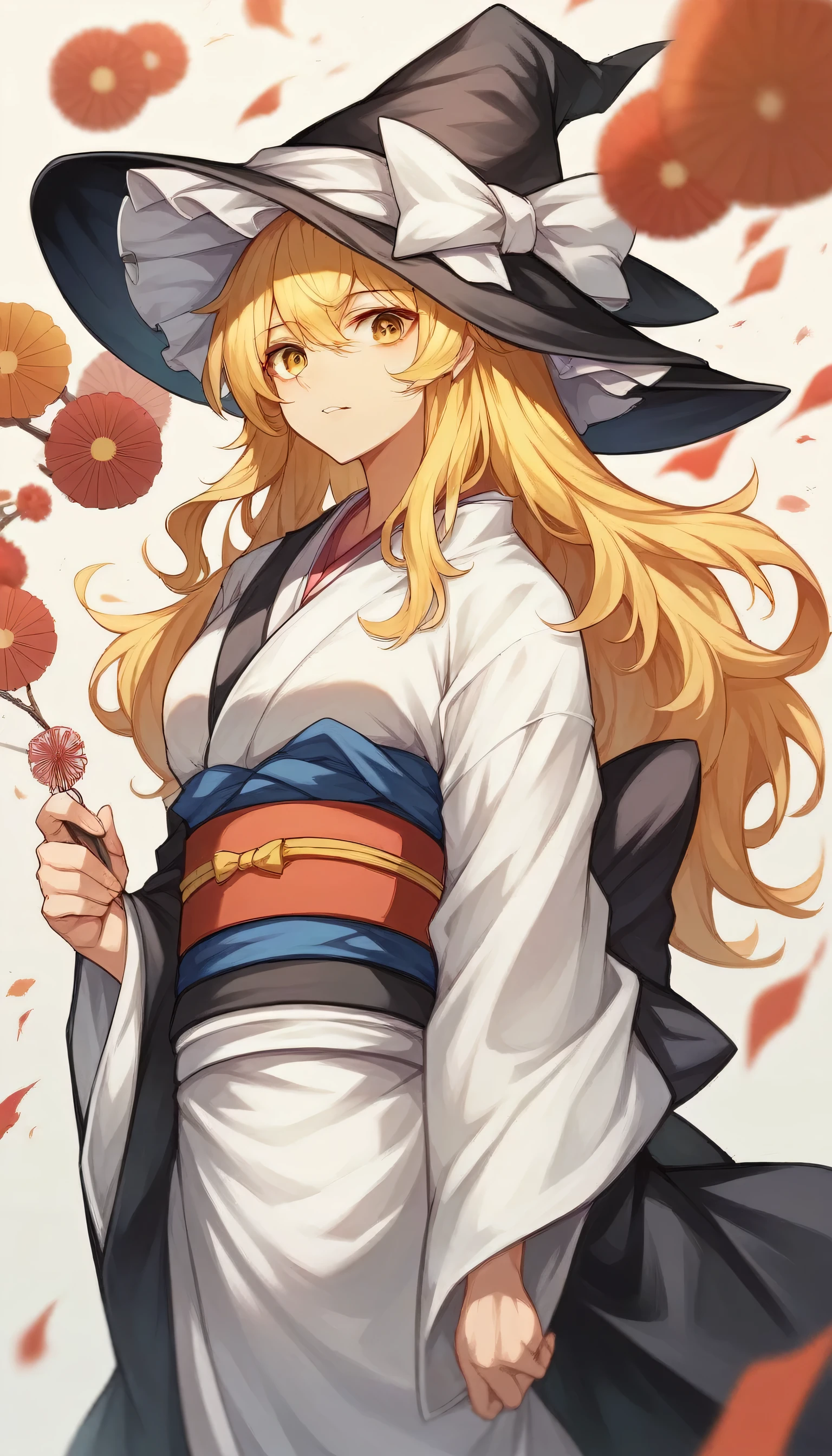 kirisame marisa, long hair, Blonde hair,hat,1girl, solo, japanese clothes, sash, kimono, bangs, looking at viewer, obi, gradient