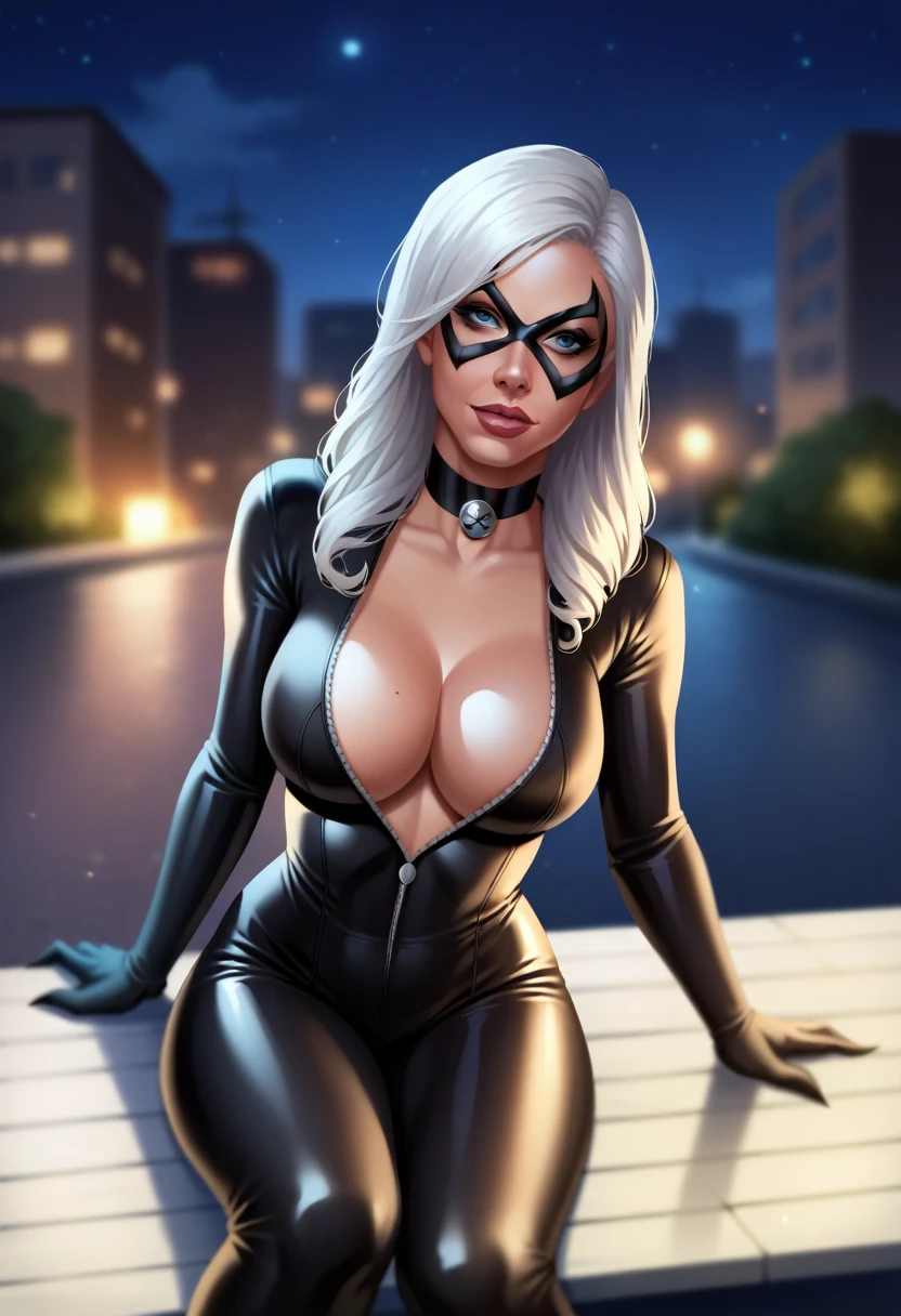 score_9, score_7_up 1girl, solo, black cat \(marvel\), cleavage, lips, sitting, bodysuit, night, outdoors, large breasts, depth of field