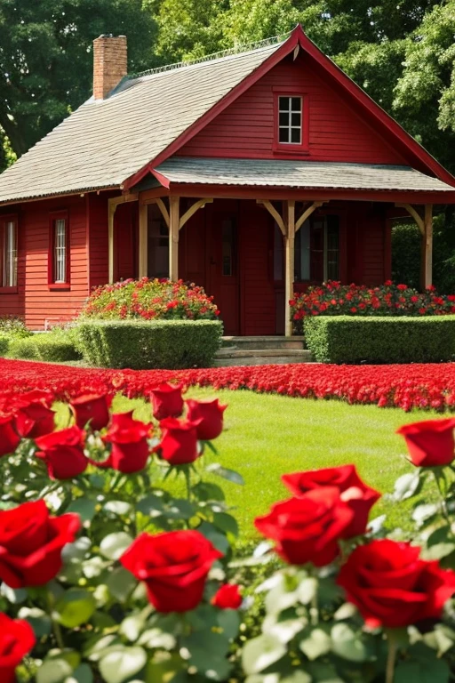 A house made of red roses,Cute atmosphere,Happy image,The background is a field,Masterpiece.