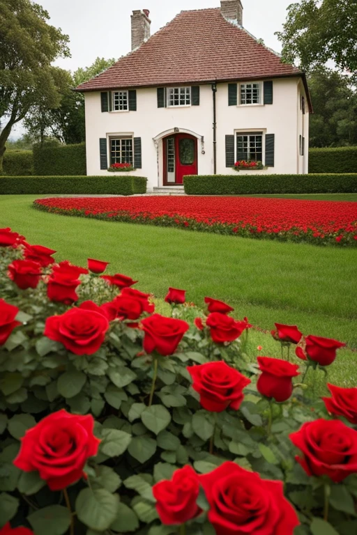 A house made of red roses,Cute atmosphere,Happy image,The background is a field,Masterpiece.