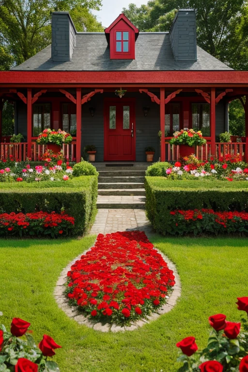 A house made of red roses，Cute atmosphere，Happy image，The background is a field，Masterpiece．