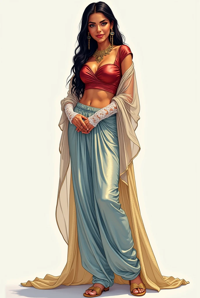ultra-detailed cartoon drawing of the highest quality, arab-indian woman as beautiful as the miss universe,
She's wearing a metallic crimson satin indian sari top,
She's wearing translucid translucent iridescent light blue arabian arab harem pants,
She's wearing a sparkling seethrough golden lamé see-through floor-length lamé skirt,
She's wearing a shimmering light gray silk open robe over the clothes, She's wearing open-toe high heeled sandals,
She's wearing intricate sheer white lace bridal gauntlets.