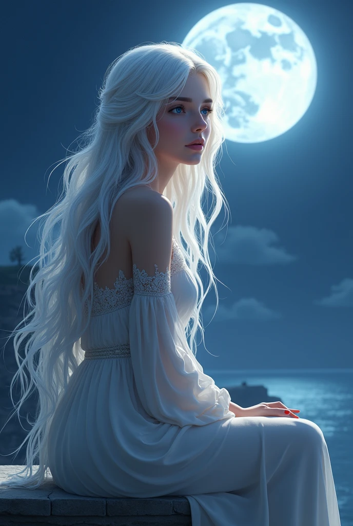 gif image, beautiful woman with long white hair, blue eyes, sitting looking at the moon 