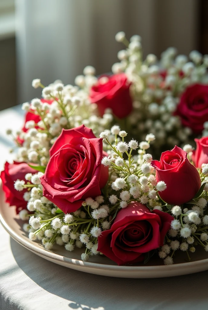 Garland of jasmine and roses placed on a tray