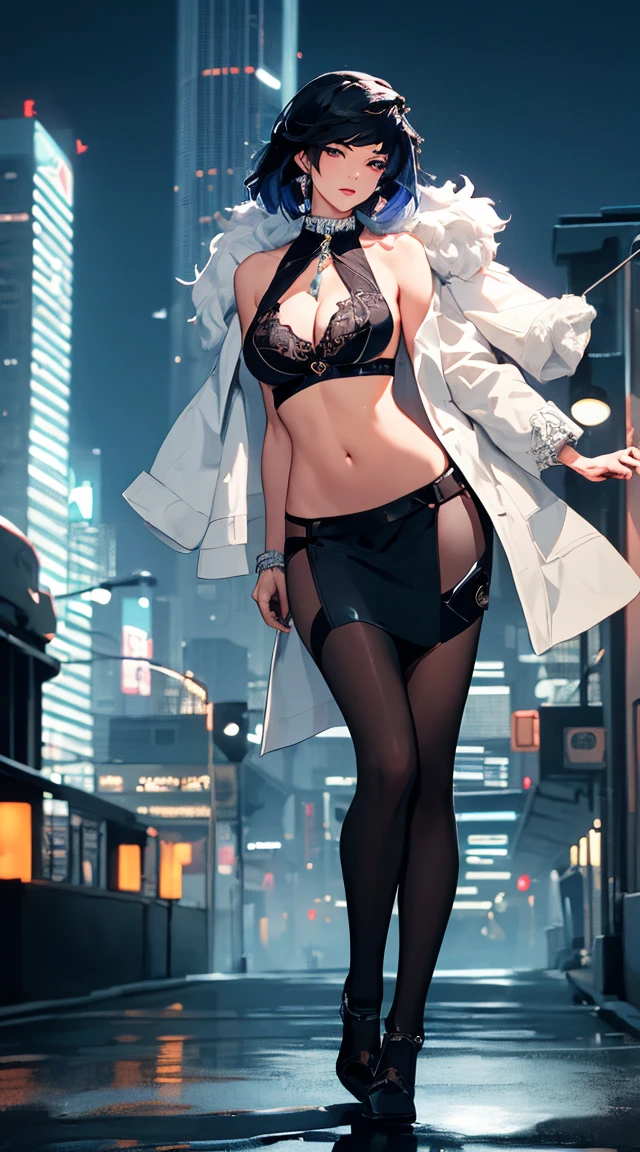 ((masterpiece)),(bestquality),((ultra-detailed)), ((beautiful detailed sky)), ((cinematic lighting)), depth of field,(full body:1.5), (dynamic angle),detailed lighting,(beautiful detailed eyes), ((night city view)),red lip, eyeshadow,large breast, ((sexy)), cleavage, navel, yelanrnd