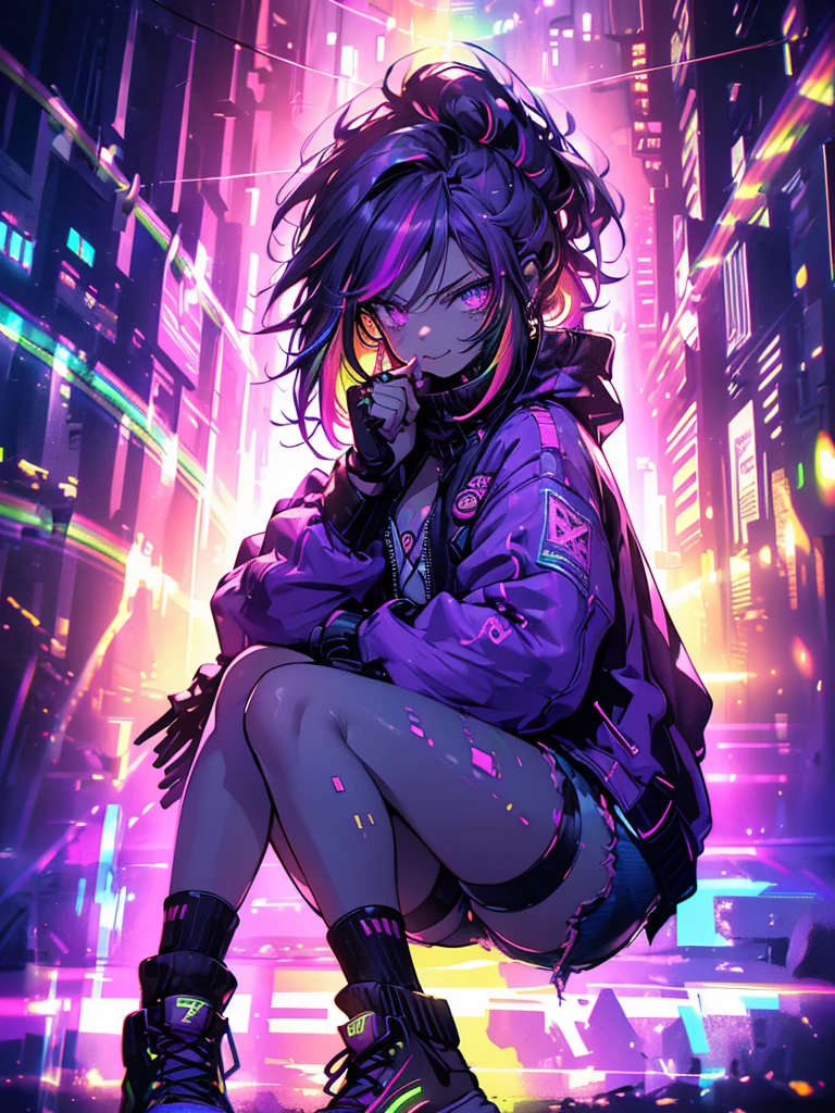 Devil girl with cyberpunk accessories, Cyberpunk Long Hair, Purple Hair,Devilish smile, (((Wearing a purple cyberpunk jacket, White high top sneakers with socks, Denim shorts))), Strong thighs, {Highly detailed 16K CG unit wallpaper}, Vast landscape photography, (Low view focused on character, setting), (Wide field view), (Photo Low angle), (highlight: 1.4), (Low Light: 1.4), (Warm light source: 1.5), Intricate details, (Rainbow colors: 1.4), (Bright lighting), (Atmospheric lighting), dream-like, single,neon,night,High resolution, Highest quality, High-resolution model, High detail, Ultra high definition, Touching hair with hands,Sticking out tongue,