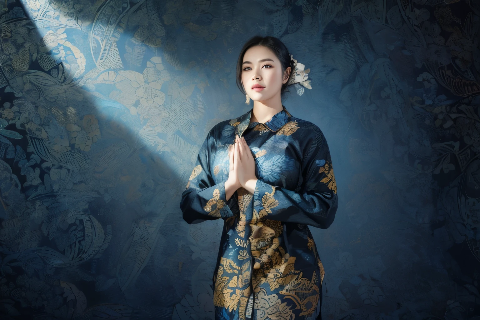 (masterpiece), (best quality), (digital painting), wide shot angle, 1 beautiful woman, thick eyebrows, curled eyelashes, facial details, long hair, Huge breasts, ((black batik shirt, cloth_pattern)), repeating pattern design, blue denim, hips, background, shop street, 