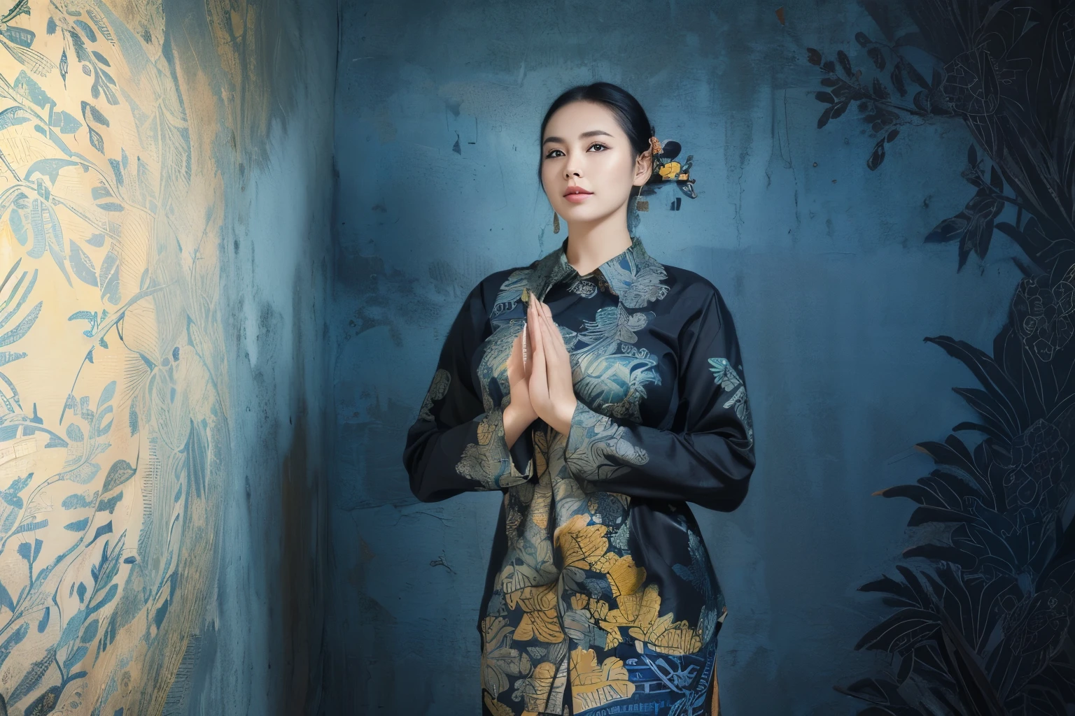 (masterpiece), (best quality), (digital painting), wide shot angle, 1 beautiful woman, thick eyebrows, curled eyelashes, facial details, long hair, Huge breasts, ((black batik shirt, cloth_pattern)), repeating pattern design, blue denim, hips, background, shop street,