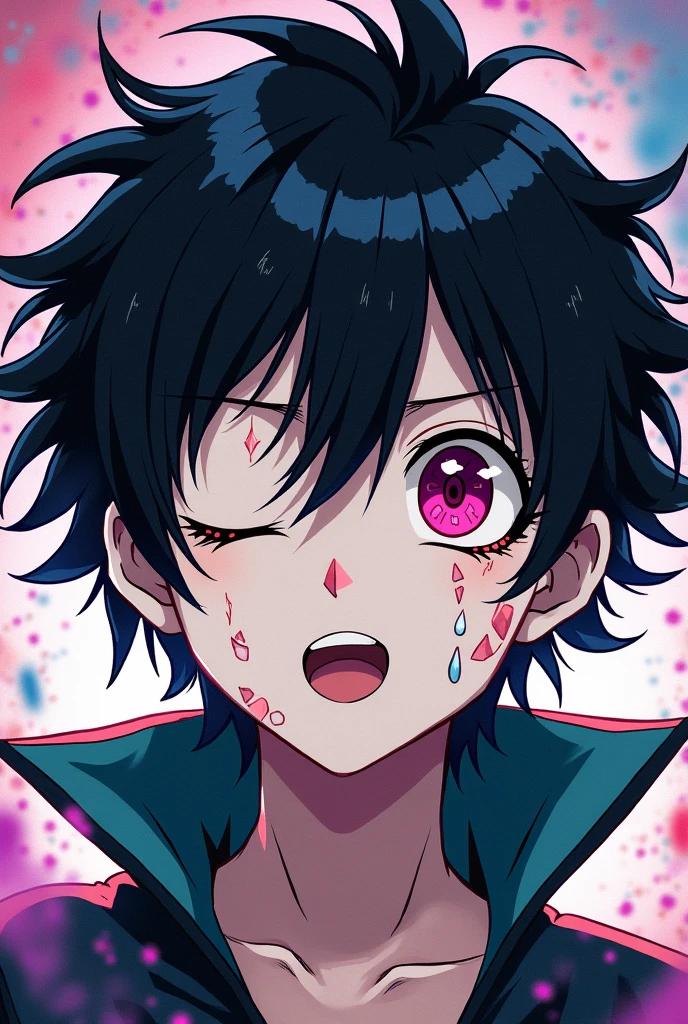 Panel Boku no hero, boy with pale skin, one blind eye and one pink eye, with scars on the face, flower creation quirk, Black hair with white tips and straight style with shoulder-length layers