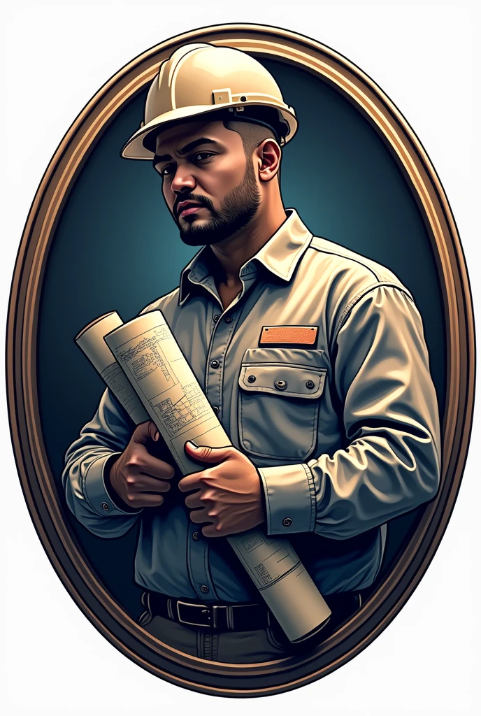 "A sophisticated emblem ilustration of a construction worker with a blueprint and hard hat, framed by a circular border to symbolize unity and strength with a quote "Pejuang Closing". The logo uses a metallic texture and a bold, serif font.
Make it PNG