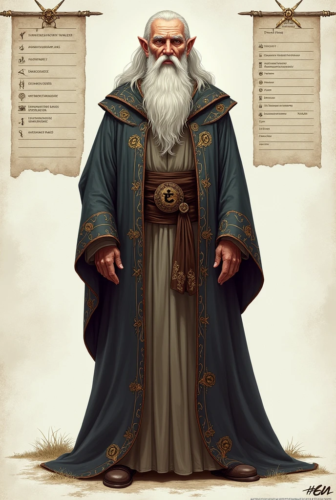 Illustration of a RPG character in close-up full body character sheet Wizard 